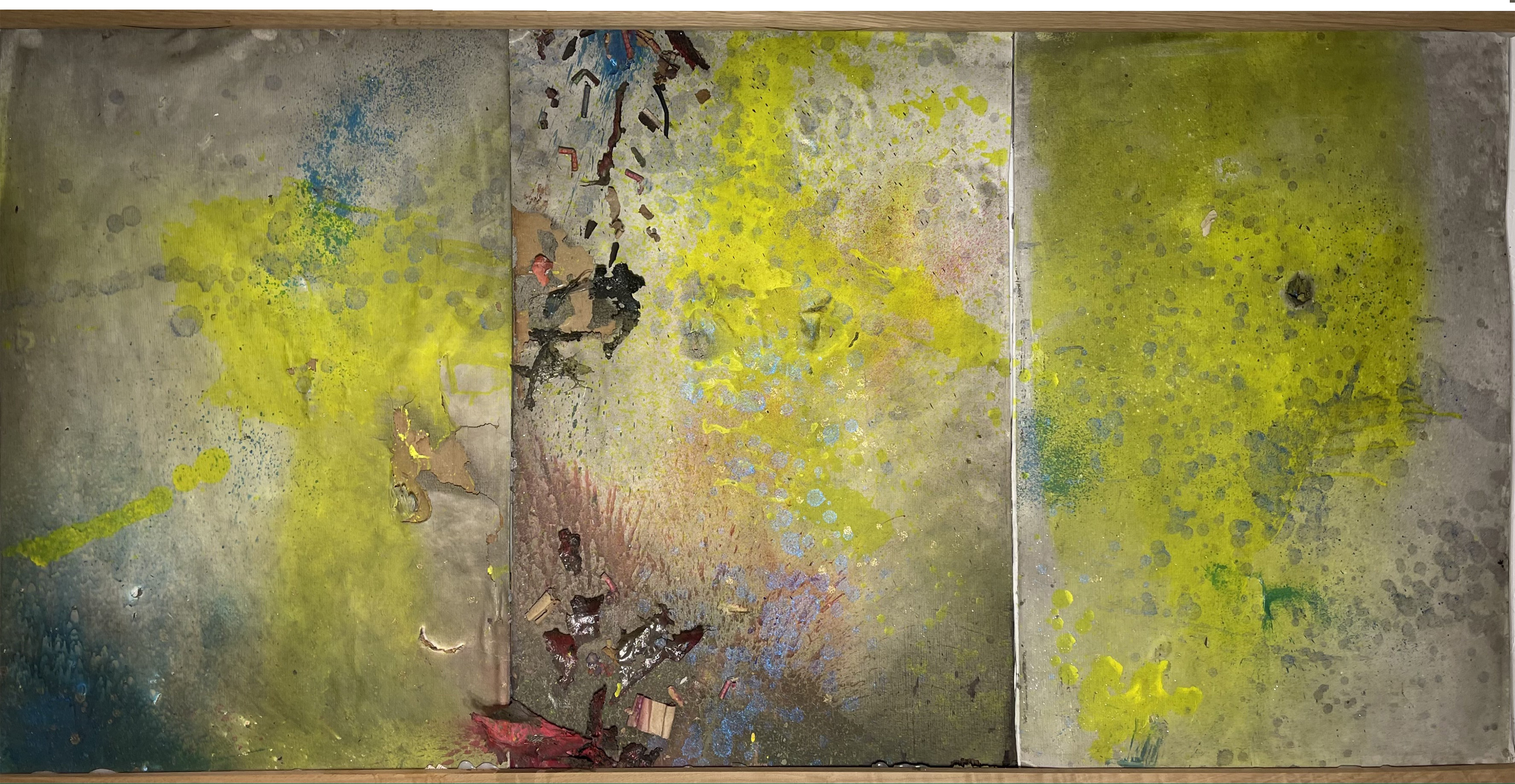 framed flourescent paints on canvas board using explosives