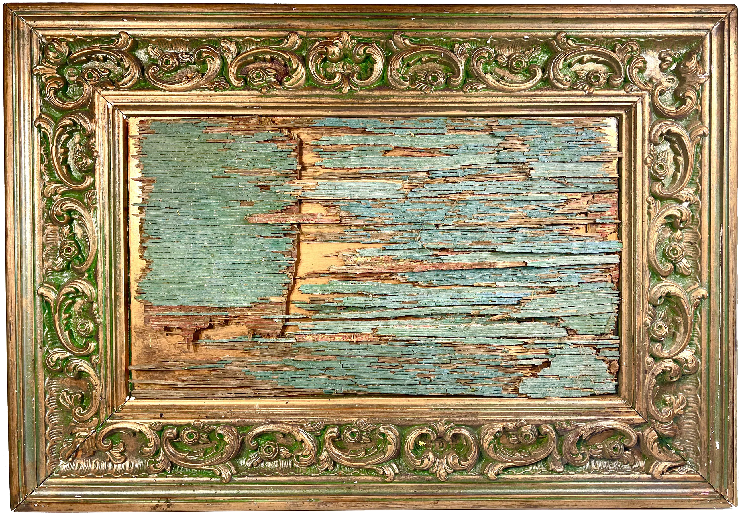 Wood panel with layers of different colors of paint aged over 10 years